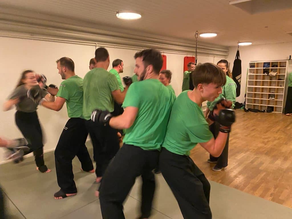 Unge og voksne træner med handsker i træningssalen